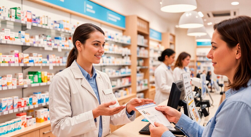 Pharmacist assisting a customer at a pharmacy